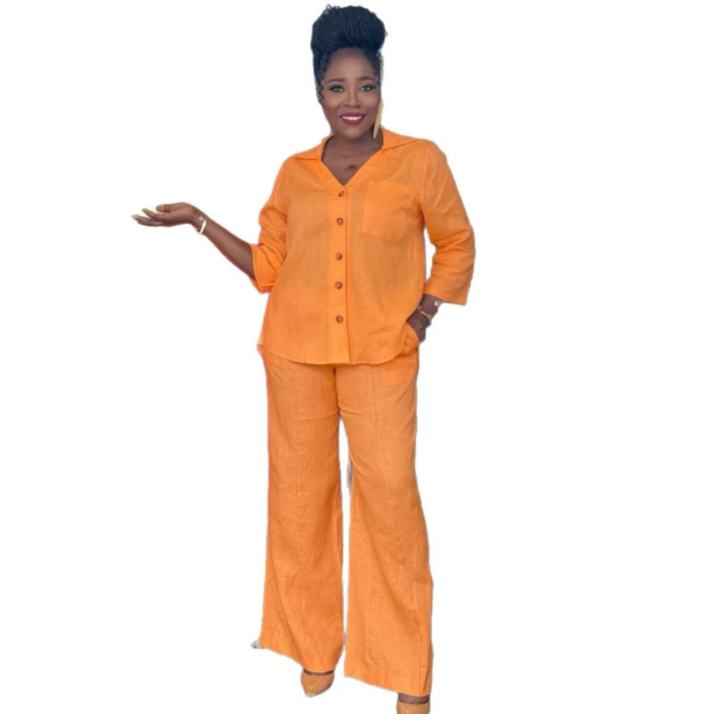 ZARA African Solid Plus Size Tie Front Shirt and Loose Fit Pants Set